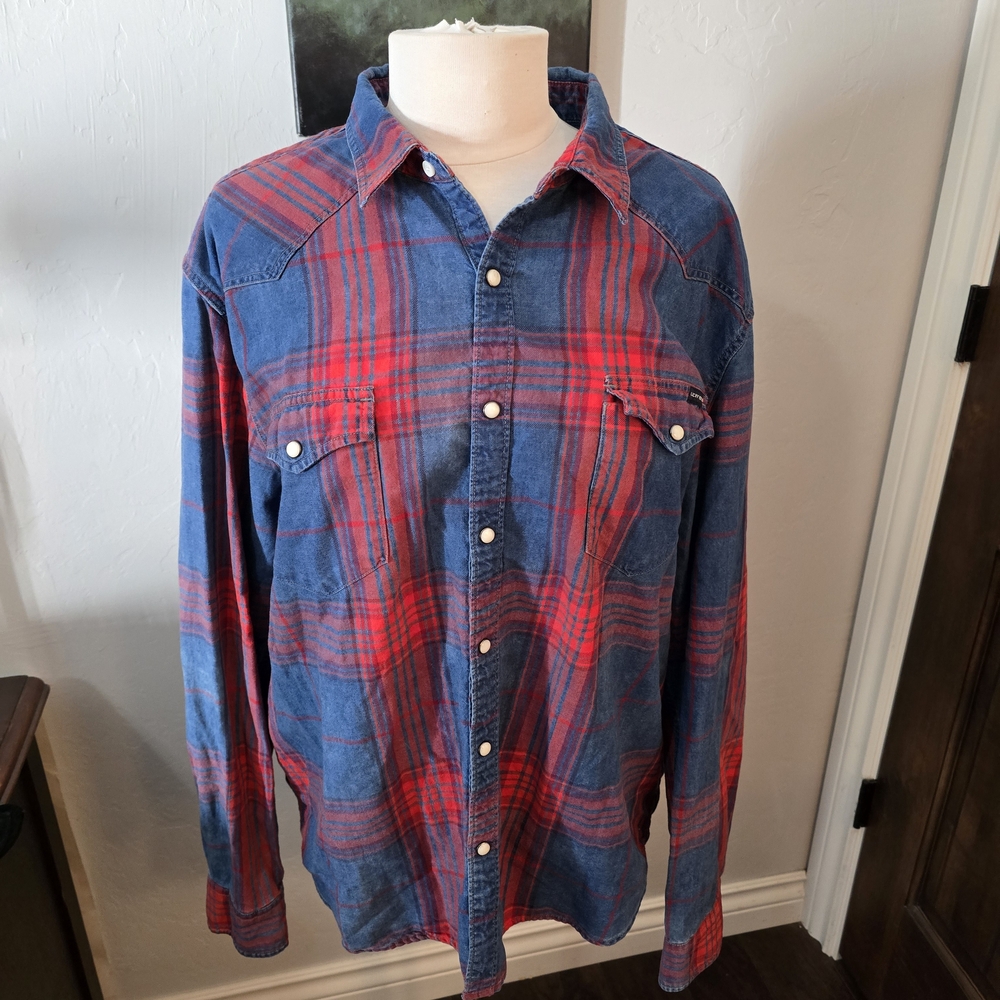 Lucky Brand Red and Blue Plaid Button Down Shirt